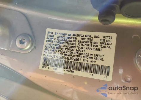 2004 Honda Element Ex z USA, uszkodzony, nr VIN 5J6YH28514L029691